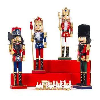 

36cm Wooden Nutcracker Puppet Christmas Decorations Handmade Wood Crafts Wearing Red Golden Black Uniform Desktop Ornaments