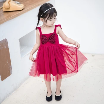 

Baby Girls Dresses New Summer 1-5 years old Japanese and Korean style Children's dancing dresses Bowknot mesh Suspender dress