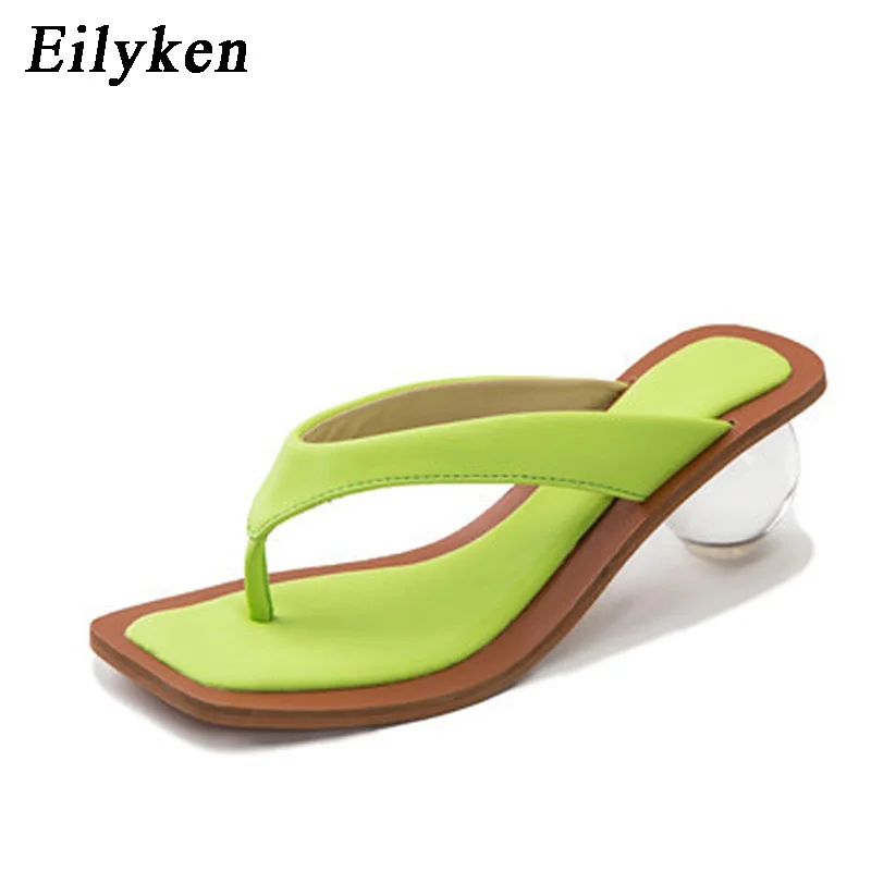 Green Eilyken/модные дизайнерские Вьетнамки; шлепанцы; высокое качество; Каблук из плексигласа; прозрачные сандалии с круглым каблуком; летние женские шлепанцы - Цвет: Green