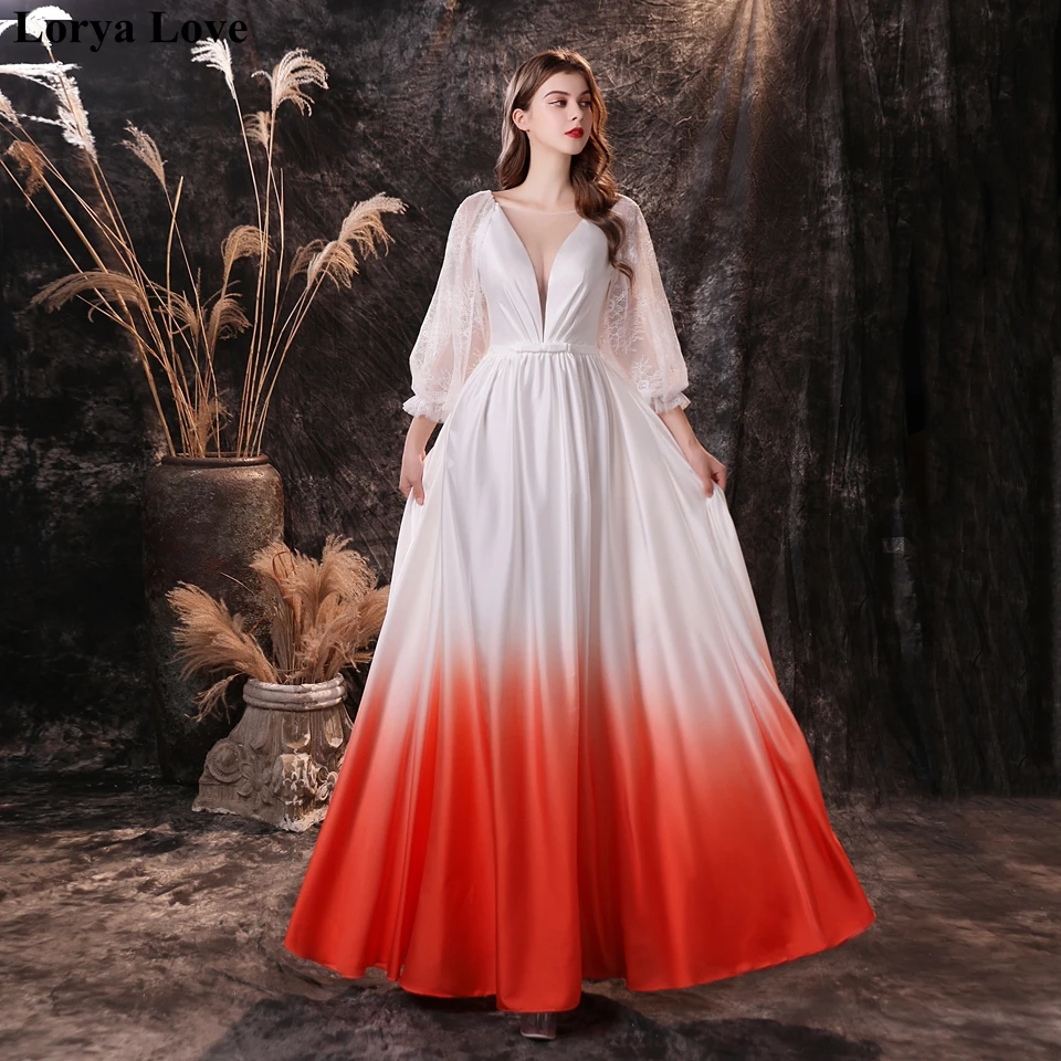 

Long Evening Dress For Women Party Elegant 2020 Full Sleeves Prom Gowns Lace Sheer Neck Backless Contrast Color Graduation Dress