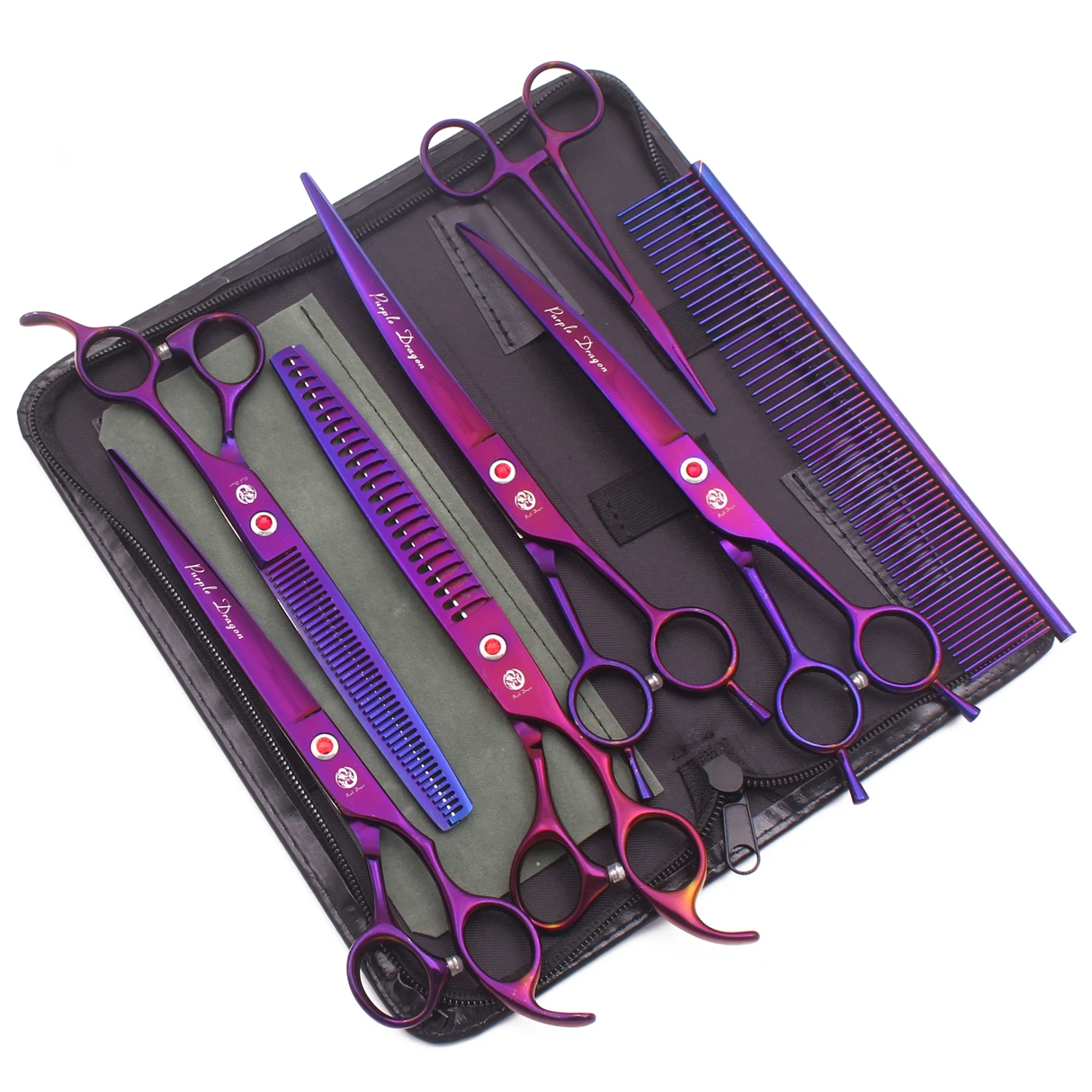 Dog Grooming Kit Professional 8" Purple Dragon Japan Steel Pet Thinning Shears Chunker Scissors Add Case Curved Scissors Z3015