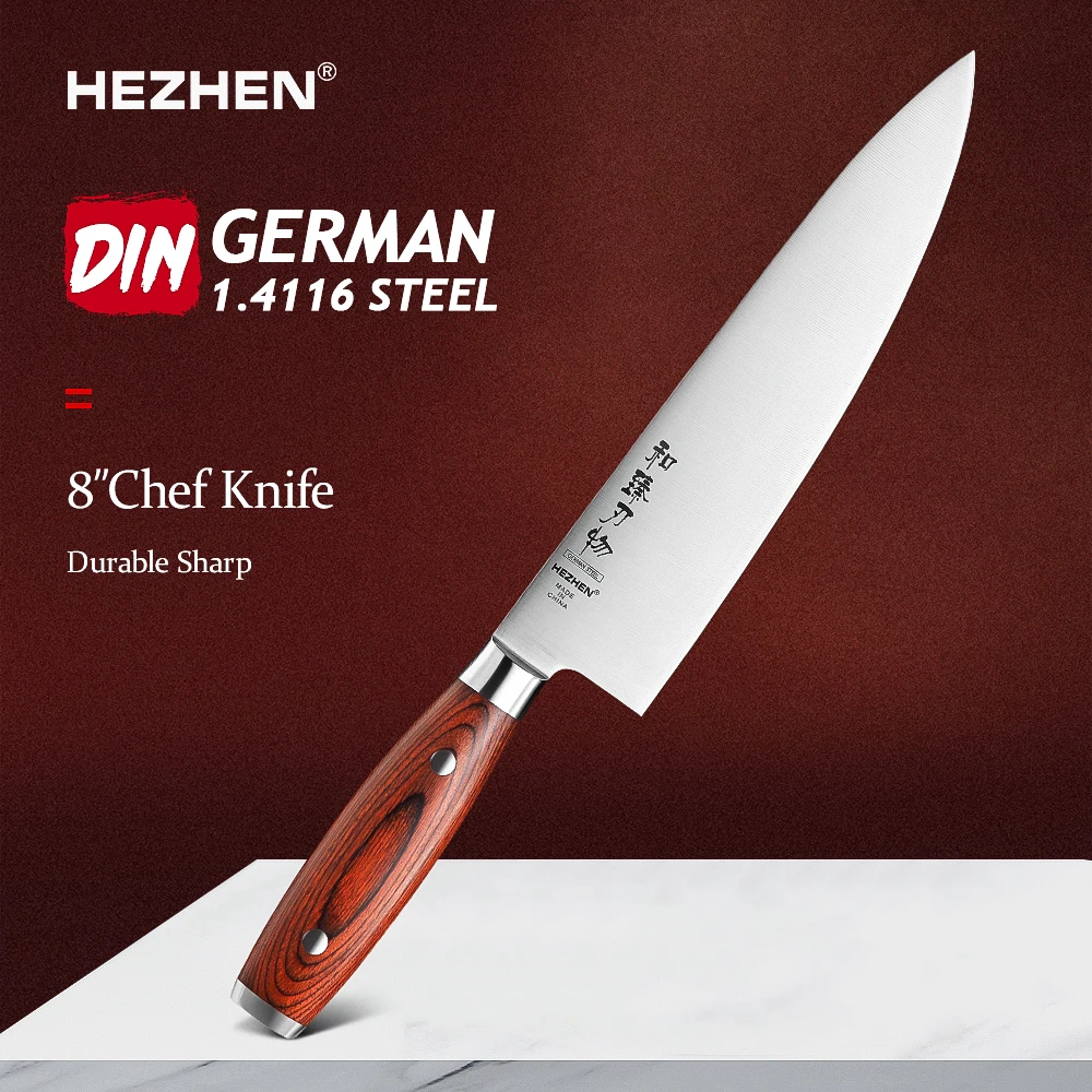 

HEZHEN 8 Inch Chef Knife Stainless Steel German DIN1.4116 Steel For Meat Cook Knife Kitchen Tool Pakka Wood Handle