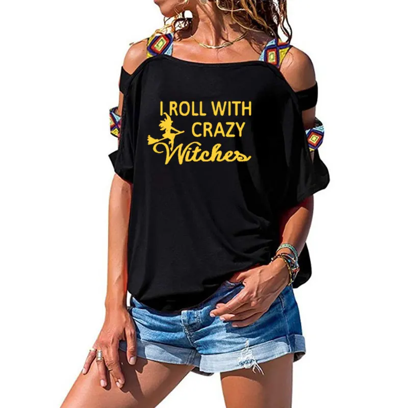 Распродажа, женские футболки с надписями Crazy Witches, сексуальные футболки с вырезами на плечах,, Harajuku, футболки для девочек - Цвет: 21