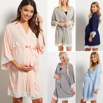 

Pregnant Woman Pajamas Pure color Dress Lace Stitching Three Quarter Sleeve Cardigan Breast Feeding Pajamas Gown Nightgown
