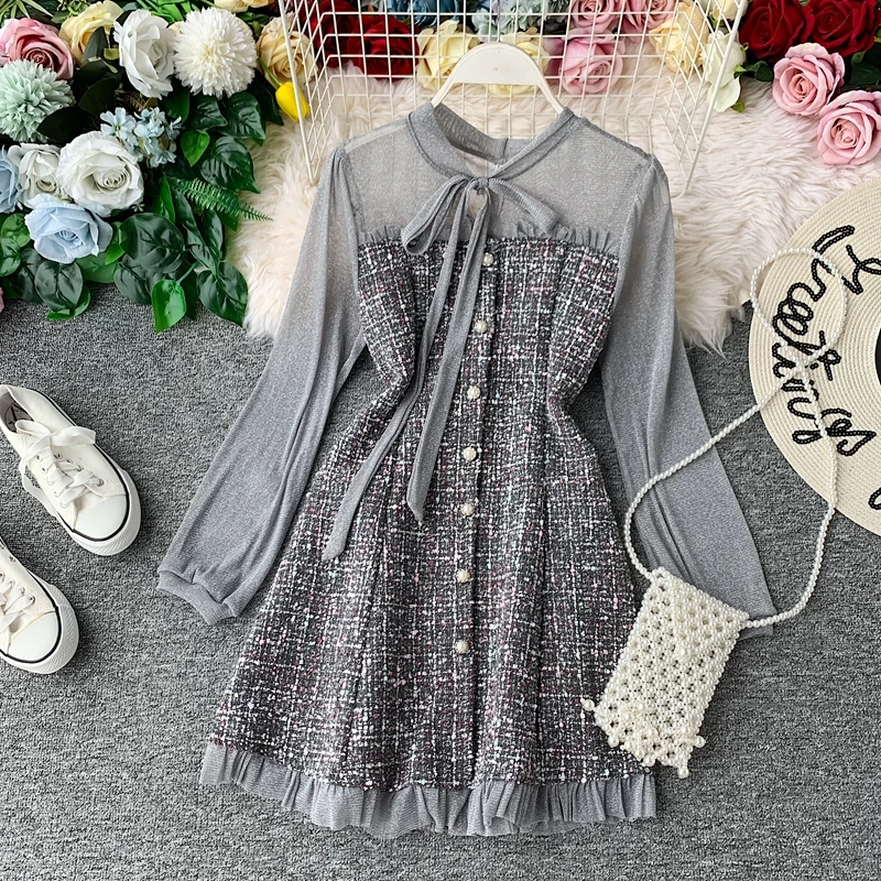 

2020 early spring new small fragrance French temperament long-sleeved waist was thin mesh gauze stitching tweed dress