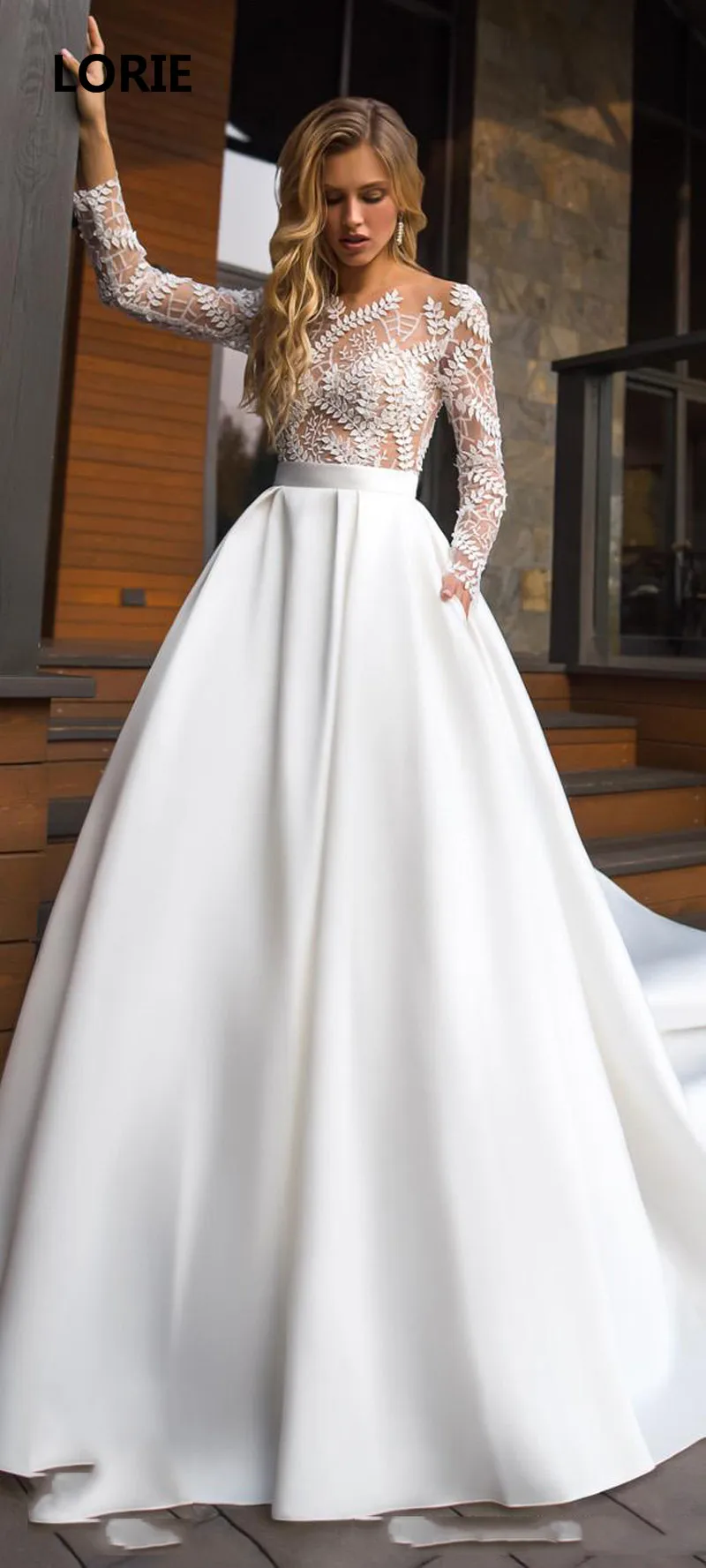LORIE A Line Princess wedding dresses Satin Boho Lace Bride Gows Appliqued 3/4 Sleeve Floor Length Vestido de Voiva