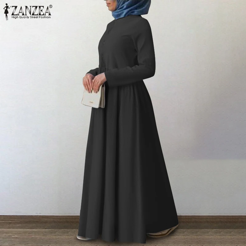 Retro Muslim Islamic Robe Womens Autumn Dress ZANZEA Casual Long Sleeve Button Maxi Vestidos Female Solid Turkish Clothing