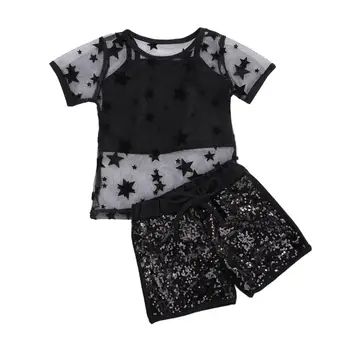 

Toddler Girl 3Pcs Clothes Set Sheer Mesh Pentagram T Shirt + Crop Tank Top + Shorts Summer Casual Outfits Sportswear Suit Set
