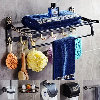 

Bathroom Accessories Set Aluminum Carved Towel Rack Toilet Brush holder Paper Holder Corner Shelf Bath Hardware Set Black Gold