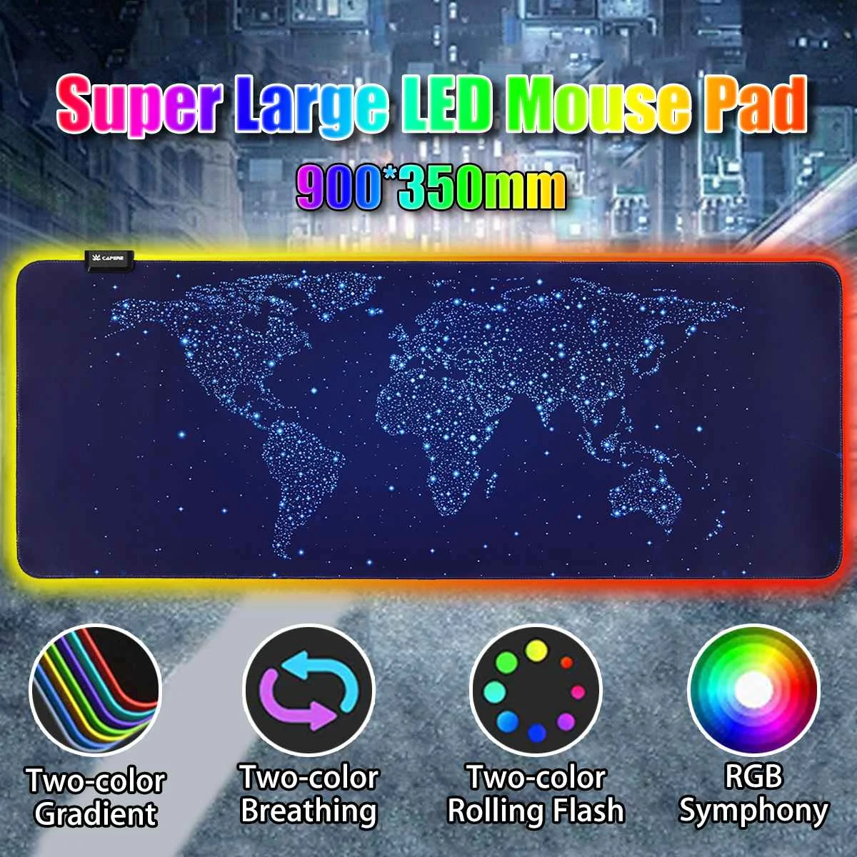Светодиодный игровой коврик RGB для геймера, компьютерный коврик, большой коврик для клавиатуры, Настольный коврик для мыши, коврик для ПК, ноутбука, настольный 900x350x3 мм