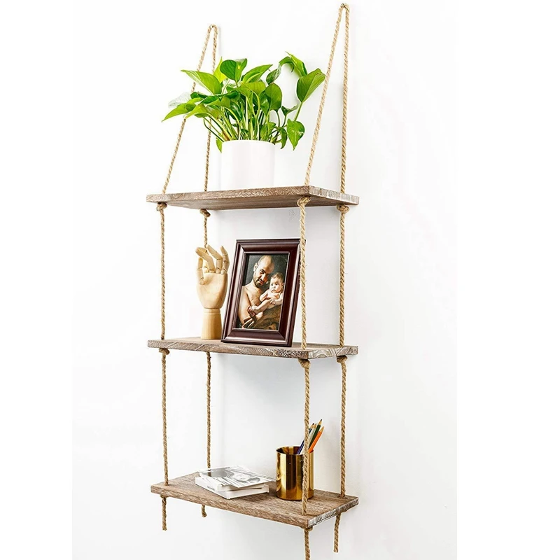 1 2 3 Tier Rustic Wooden Hanging Rope Shelf-Handmade Solid Wood Floating Shelves Home Decorative Wall Mounted Rack penholder chinese brush rack solid wood calligraphy rest wooden ink stand shelf pencil