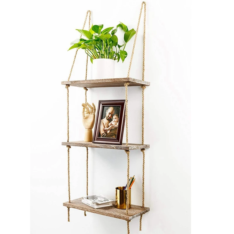 Details about   Wooden Hanging Rope Shelf Wall Mounted Floating Shelf Storage Rustic 1/2/3 Tiers
