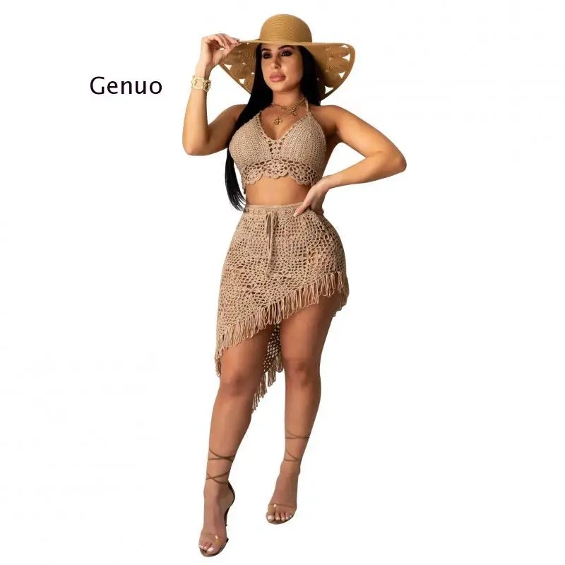 Women Irregular Two Piece Skirt Cover Up Summer Beach 2 Piece Knitted Swim Set Sexy Bandage Hollow Out Crochet Swimsuit