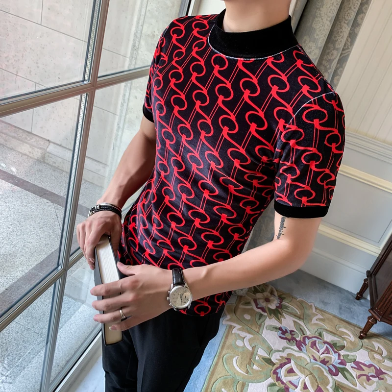 

Mens T-shirt Fashion Latest Casual Print Streetwear Social Short Sleeve Turtleneck Grid Tops&Tees Slim Fit 3XL Male T-Shirt Man