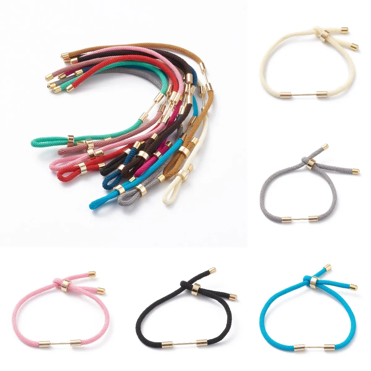 10Pcs Braided Nylon Cord Bracelet Making With Gold Color Brass End Cover  For DIY Handmade Bracelet Bangle Jewelry