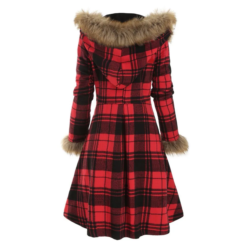 Женское клетчатое шерстяное пальто с капюшоном, шапка из искусственного меха, длинные рукава, широкая талия, винтажное длинное пальто, женская верхняя одежда, осень-зима