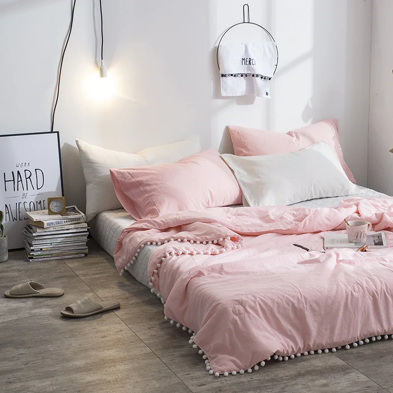 

2019 Solid Color Blanket Soft Beathable Cotton Blanket with Ball Summer Sheet Bedspread Sofa Throw Light Thin Blankets