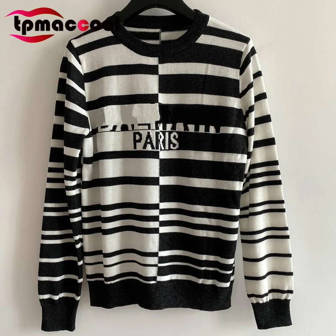 

Luxury Designer Women New Fall High End Stylish Sweaters Black White Striped letter print long sleeve pullover sweater jumpers