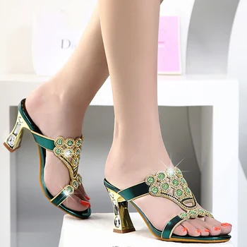 

Slippers Women Summer Shoes Crystal Agate Block High Heels Fashion Genuine Leather Slides Open Toe Slippers Sexy Ladies Shoes