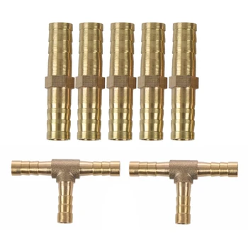 

2Pcs Air Fuel Water 3-Way Brass Tee T Fitting Hose Barb Connector & 5Pcs 8Mm Inner Dia Air Gas Straight Hose