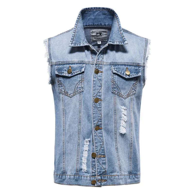 

2021 ripped denim jacket men's denim vest hip-hop denim jacket vest men's denim sleeveless jacket punk style men's clothing