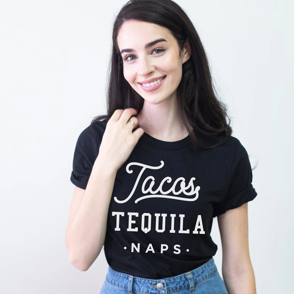 Женская футболка с надписью Tacas Tequila Naps хипстерская коротким рукавом 90s модные