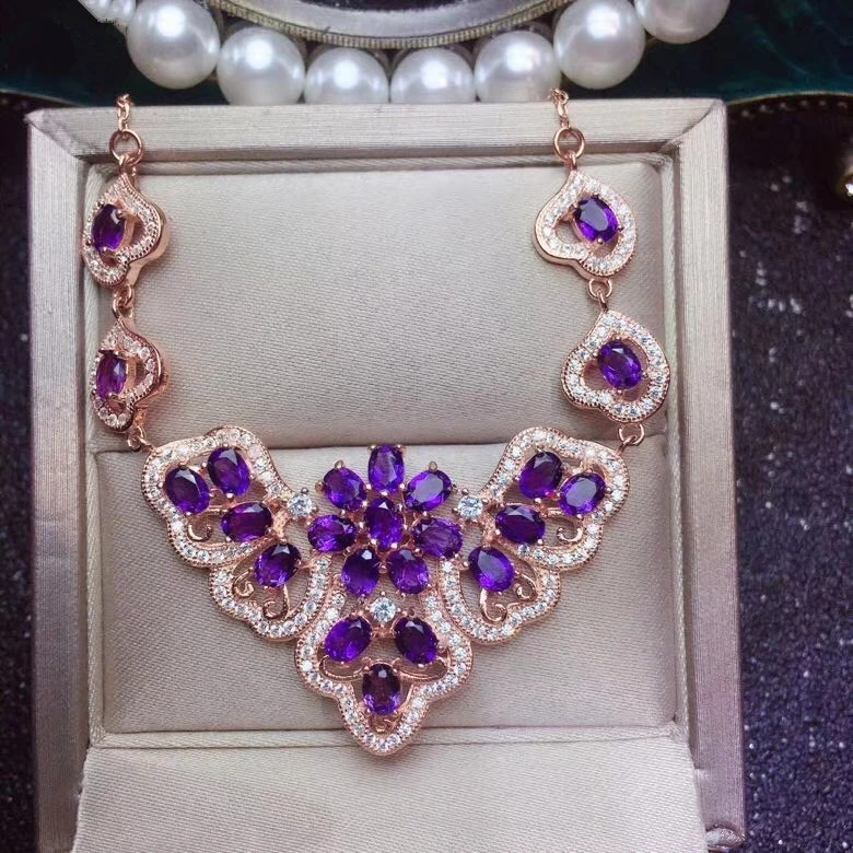 PROCOGEM Luxurious Fancy Natural Amethyst Necklaces for Women 3x4mm more Real Gemstones Fine jewelry 925 Sterling silver#758