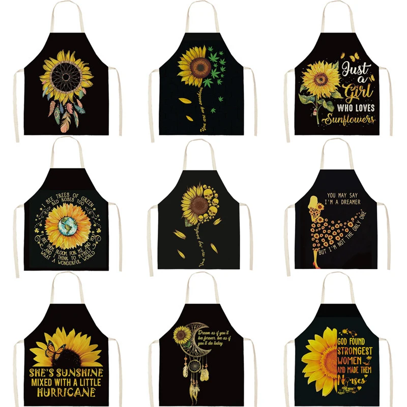 

Kitchen Apron Sunflower Printed Cotton Linen Aprons Black Yellow Sleeveless Apron Men Women Household Cooking Baking Tools