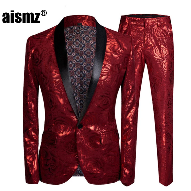 Aismz мужской тонкий костюм Homme красная роза позолота 2 шт. комплект свадебные костюмы для последней модели пальто брюки для певицы для сцены одежда