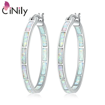 

CiNily White Fire Opal Hoop Earrings Silver Plated Large Round Circle Punk Rock and Roll Simple Fashion Jewelry Gifts Girl Woman