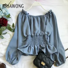 Off The Shoulder Strapless Long Sleeve Chiffon Blouse Top Spring Autumn Korean Women Slim Ruffle Layer Short Blouses Shirts