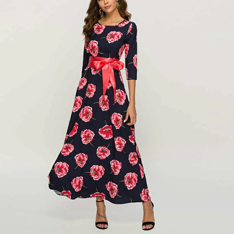 

Yinice Print Floral Maxi Dress Women 2019 O-neck 3/4 Sleeve New Autumn Winter Elegant Dress Women Vintage Lady Party Long Dress