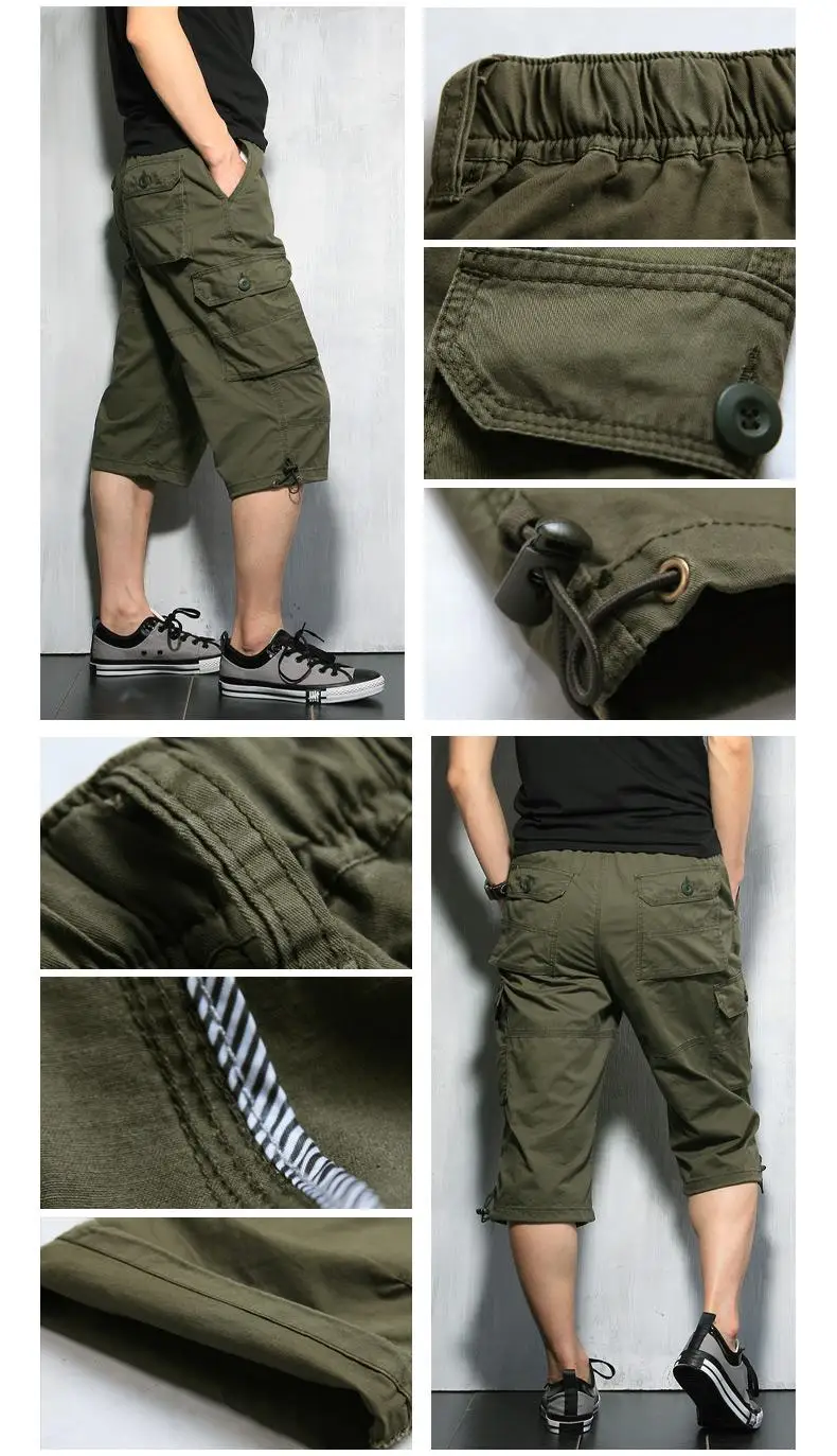 Summer Long Length Cargo Shorts Men Knee Pocket Casual Cotton Elastic Waist Bermudas Male Military Style Capri Breeche Army
