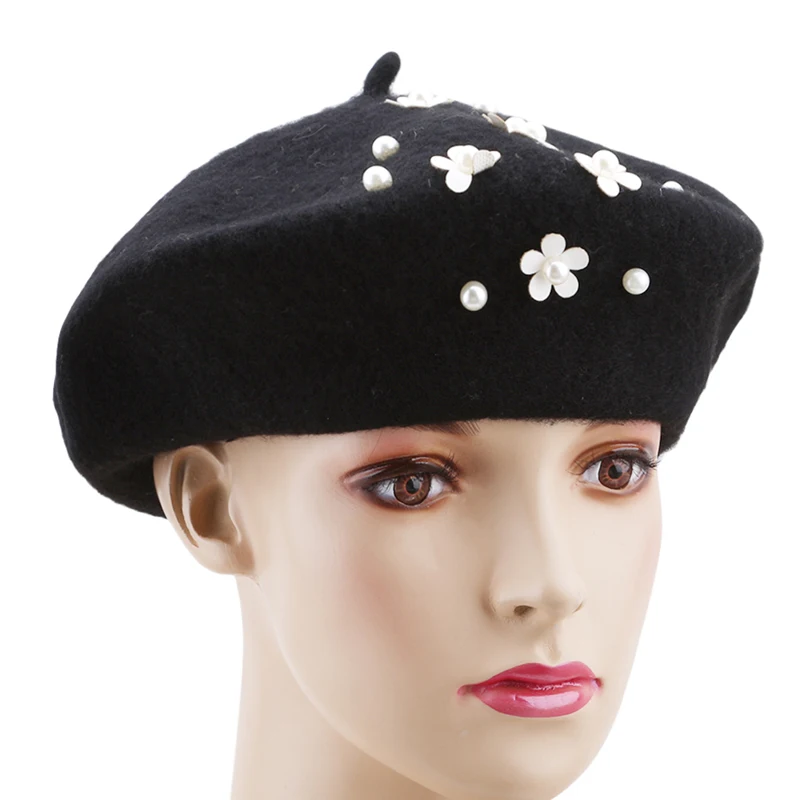 Осенне-зимние женские головные уборы, элегантные шерстяные вязаные береты, модные береты ручной работы с бусинами и ромашками, лидер продаж, женские береты для художников