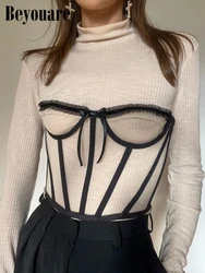 Beyouare Women Lace Wide Belt Mesh Fitted Waist Bandage Corset Crop Top Strapless Slim Striped Accessory Girdle Streetwear 2022