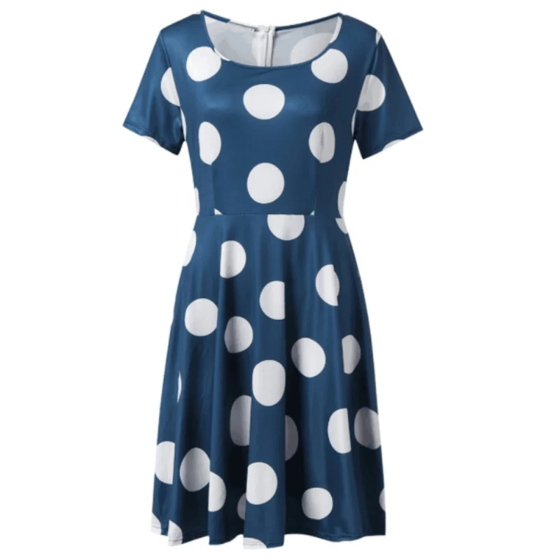 

B Plus Women Casual Short Sleeve Dress Dot Printing A-Line Dress Summer Beach O-Neck Ladies Fashion Knee Length Loose Dress