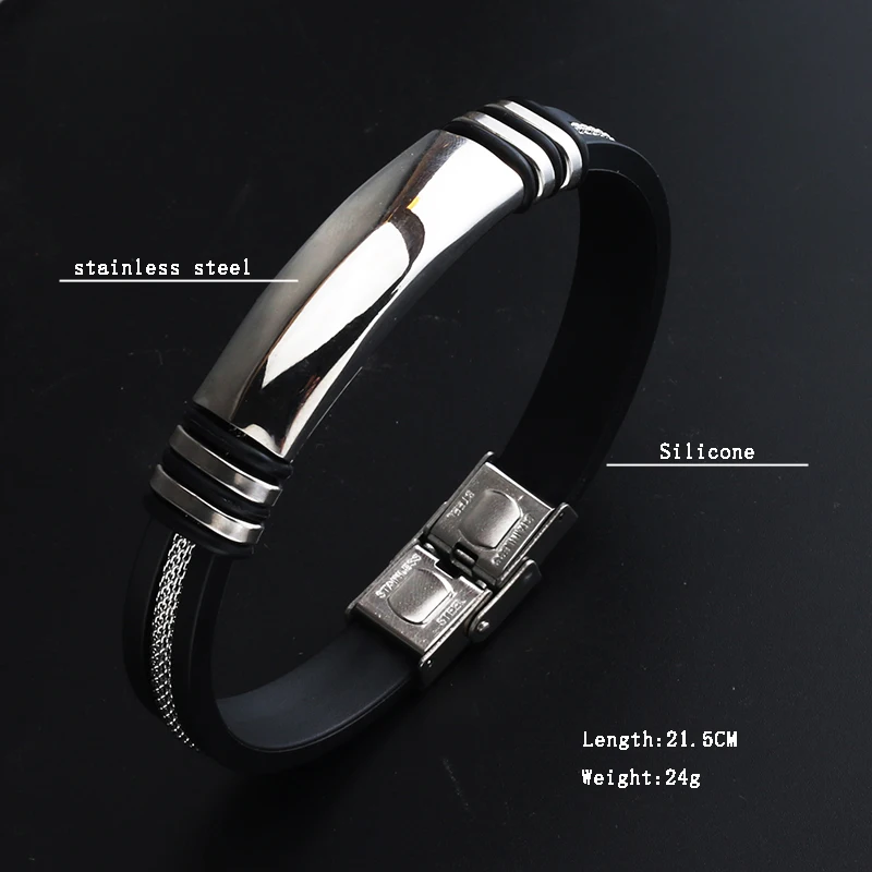 Trend Jewelry Stainless Steel Popcorn Chain Black Silicone Bracelet Classical Titanium Steel Rubber Cuff Bracelet for Men bracelet jewelry