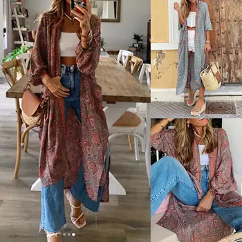 

Women Boho Autumn 3/4 Sleeve Floral Print Long Cardigan Kimono Cover Up Coat