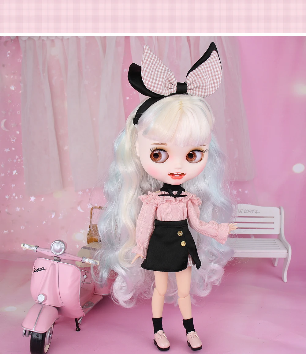 Neo Blythe Doll Pink Black Shirt with Skirt, Socks & Headdress 1