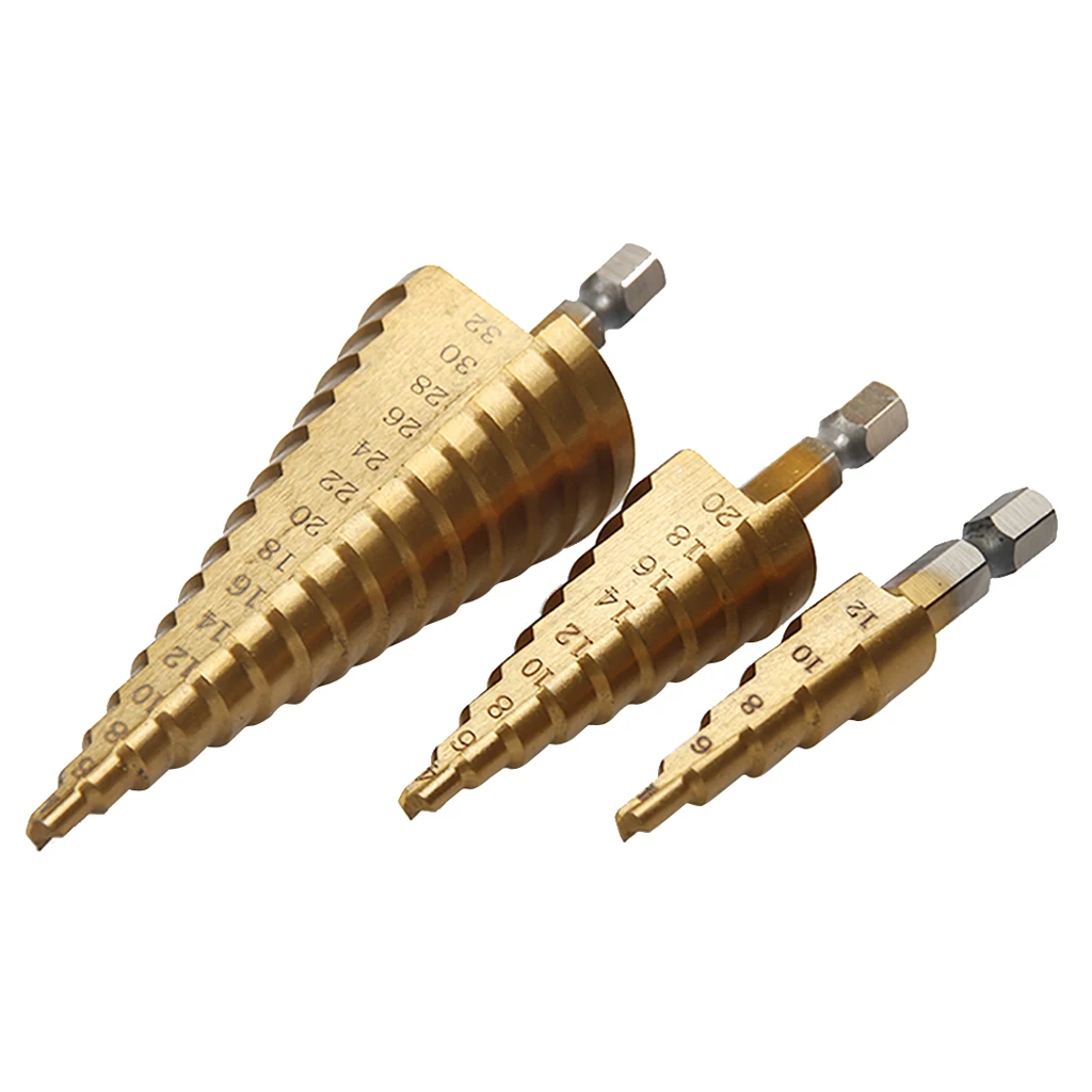 3Pcs Hex Shank HSS Titanium Coated Step Drill Bit Set 4-12/4-20/4-32mm