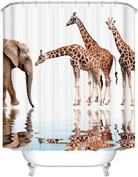 

Animal Shower Curtains, Wildlife Giraffe Elephant Reflection in Water Funny Bath Curtain Art Print Fabric Waterproof Bathroom