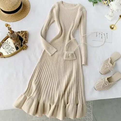 Gaganight Swing женское длинное платье, одноцветное, с длинным рукавом, с круглым вырезом, вязаное, Осень-зима, макси, платья для вечеринок, корейские, с оборками, Vestidos Chic - Цвет: Apricot