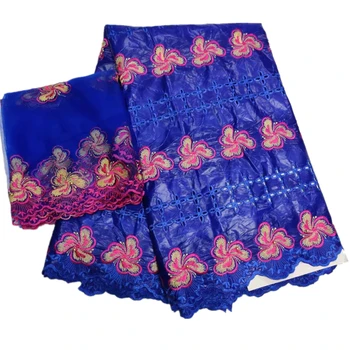 

Latest 5 yards Blue Hollow Out Beaded Embroidery Bazin Fabric with 2 yards Beautiful African Tulle Lace Fabric for Party Dress