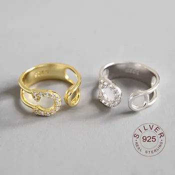 

Gold Color S925 sterling silver open ring Chain Interlocking Gold Cuban Link Round Cut Band Friendship Promise Ring