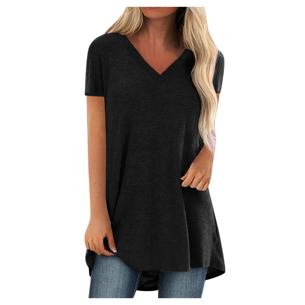 Women Solid T-Shirt Summer Plus Size Long Tee Shirt Top Women V Neck Short Sleeve Long Casual Women Loose T-Shirt Femme