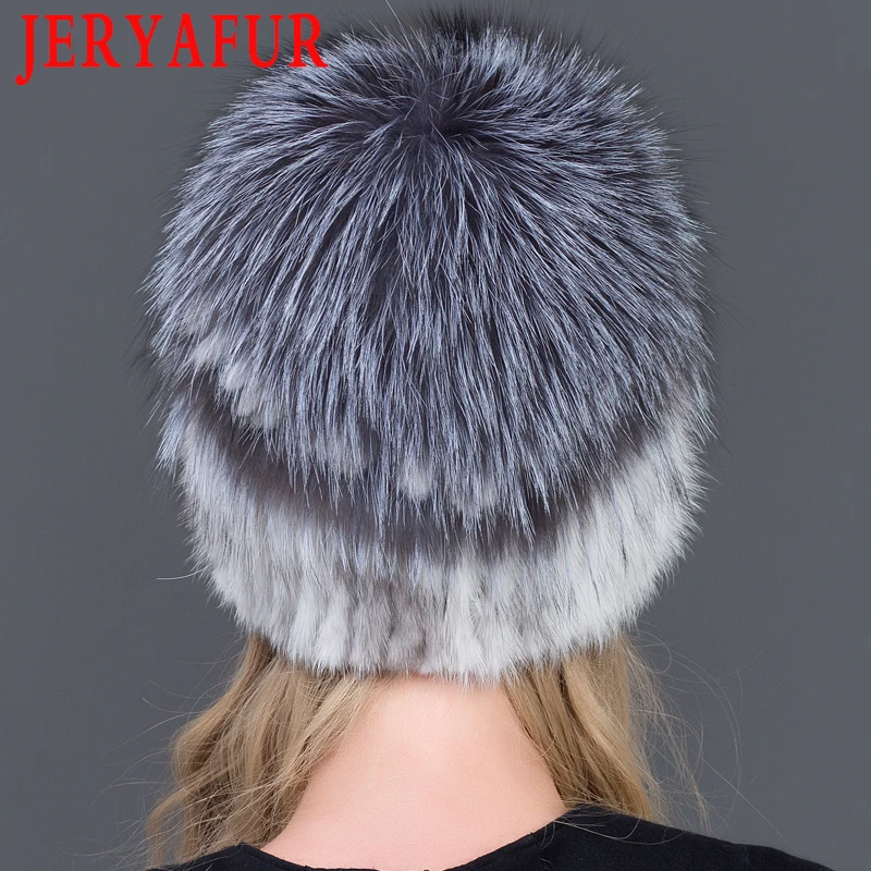 JERYAFUR женская меховая шапка зимняя из натуральной норки меховые шапочки с серебряным лисьим мехом помпоны Топ шапочки горячая Распродажа Россия меховая шапка