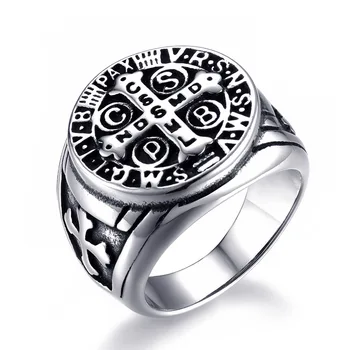 

Retro Catholic Exorcism Saint Benedict Holy Ring for Men Boy Stainless Steel Cross God Rings Finger Male Jewelry Gift