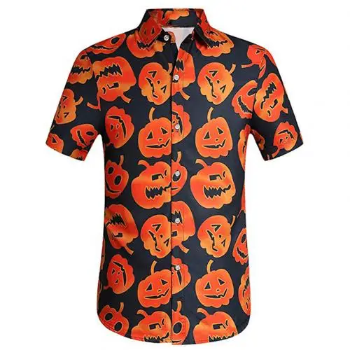 Оранжевый Camisa masculina manga longa Мужская Хэллоуин Тыква Печать короткий рукав отложной воротник Кнопка Женская блузка рубашка в клетку - Цвет: Оранжевый