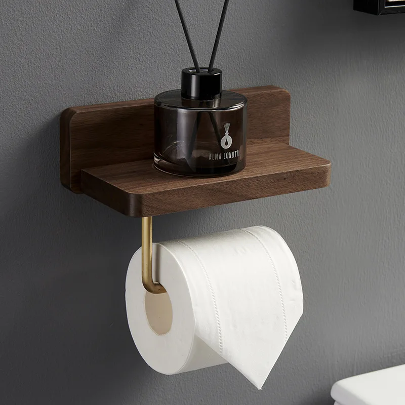 Black Walnut Wooden Roll Paper Rack Bathroom Wall Mounted Toilet Phone Holder 