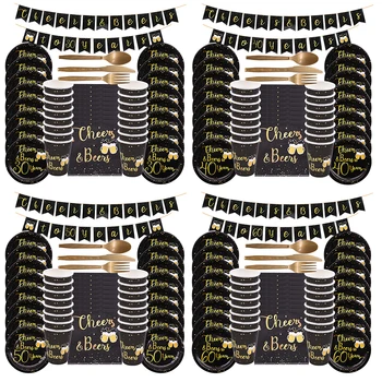 

97Pcs/Set Disposable Tableware Sets Disposable Paper Plates Cups Banner for 30 40 50 60 Years Birthday Party Supplies Decoration